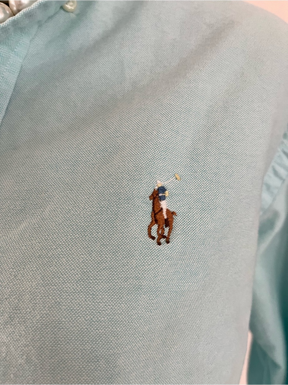 Upcycled Ralph Lauren Seafoam Button-Up Shirt with Ruffle Collar - Picture 2 of 7